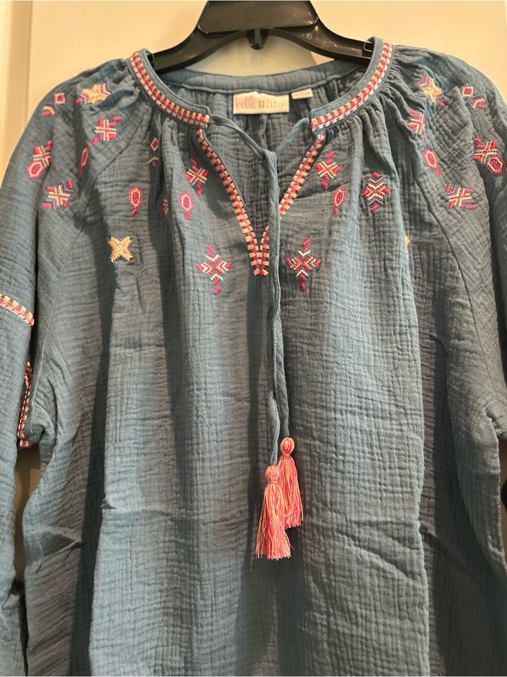 Belle by Kim Gravel Embroidered Gauze Peasant Blouse Blue Large Boho NWT - Picture 2 of 8